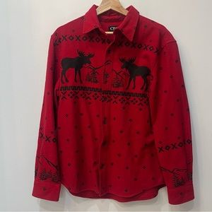 Chaps Mens Red Brushed Cotton Holiday Moose Button Down Shirt 100% Cotto…